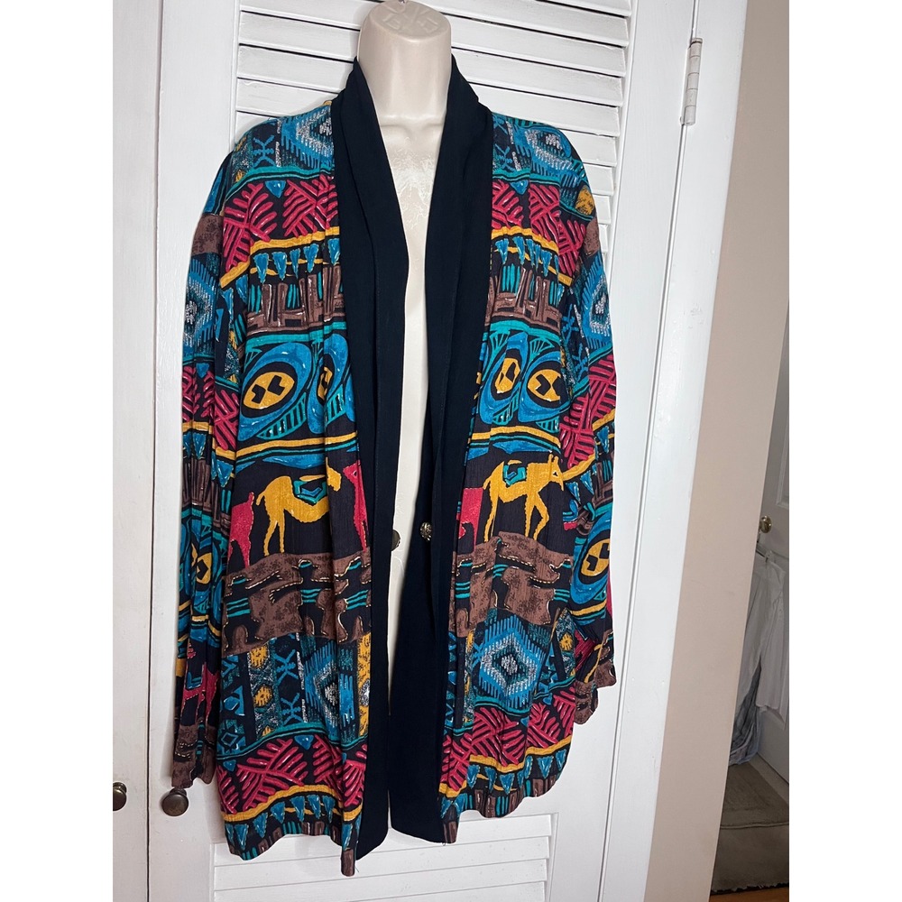 Sharon Anthony Vintage Egyptian Camel Print Cardigan Blazer Womens Multicolor